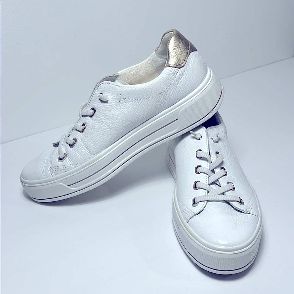 Ara Women's Crystal Sneaker White Calf - White Leather with Gold Accents